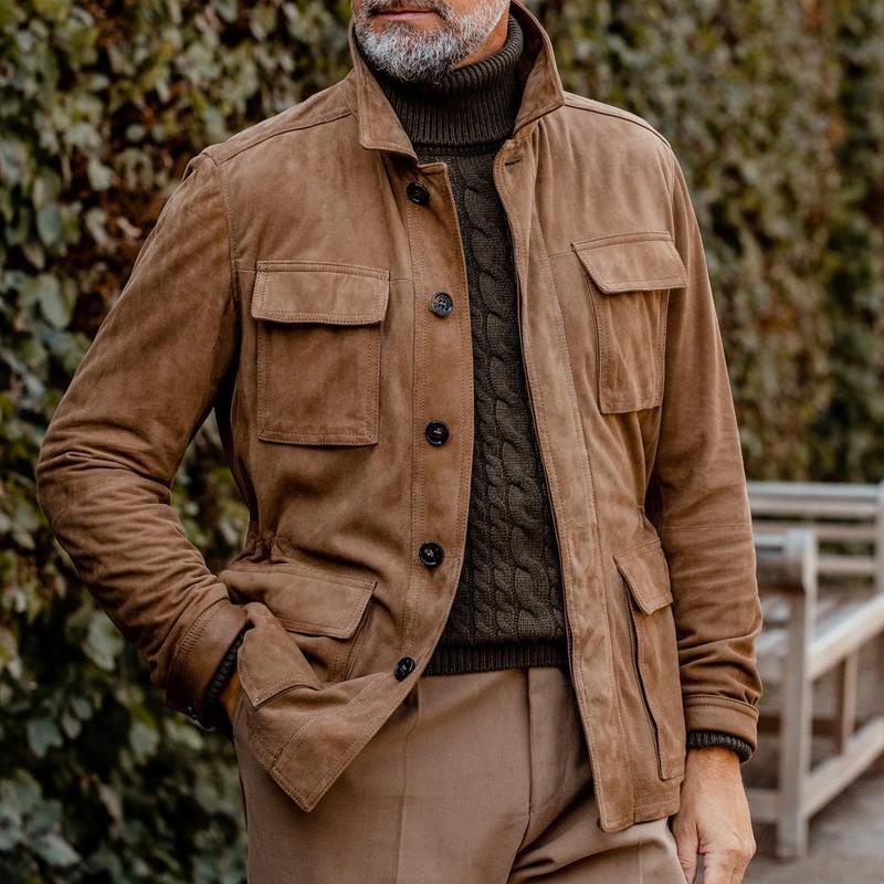 Vintage Plain Suede Multi-Pocket Lapel Jacket for Men | Harting
