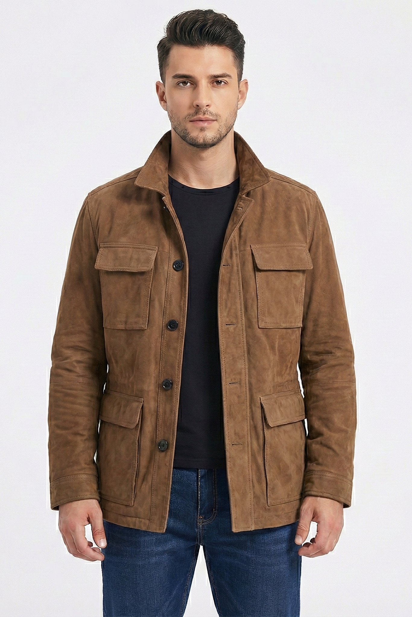 Vintage Plain Suede Multi-Pocket Lapel Jacket for Men | Harting